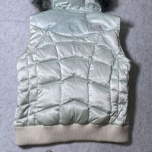 The North Face Womens 550 Down Blue Puffer Vest Hooded Faux Fur Large Zip Vintag - Picture 13 of 14